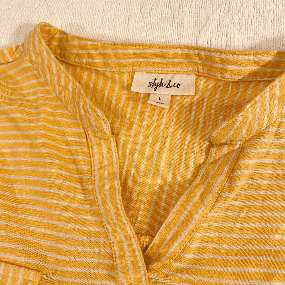 Style & Co. Ladies Sunflower Yellow Long Sleeve Striped Top. V Neck 3 Buttons - Picture 4 of 12